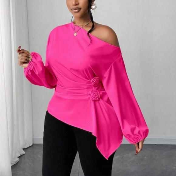Plus Size Asymmetrical Off Shoulder Top Blouse Shirt Pink - Picture 3 of 16